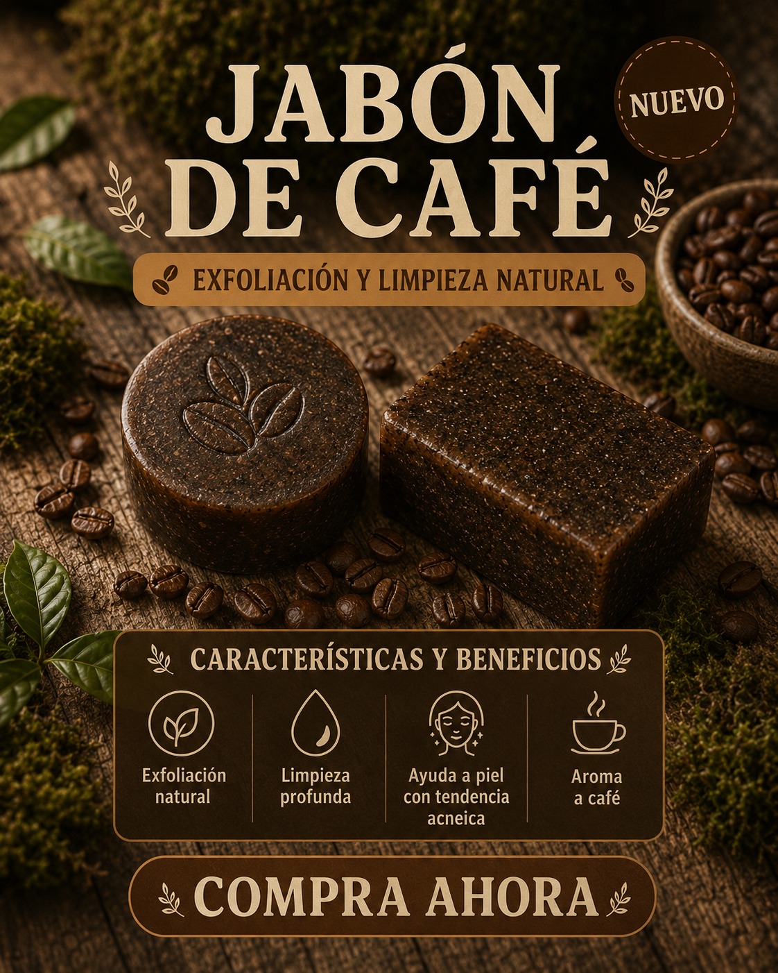 Póster del jabón de café de Villa Luz: exfoliación y limpieza natural — exfoliación natural, limpieza profunda, pensado para piel con tendencia acneica, aroma a café